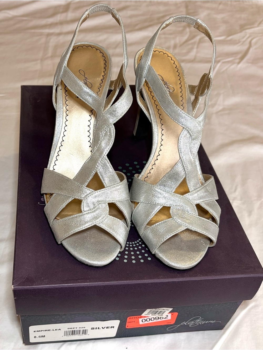 BP Platinum Empire-Lea Silver Metallic Strappy Slingback Heels Size 8.5